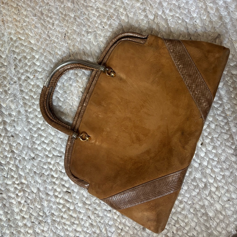 Vintage Tan Suede Satchel with Textured Trim